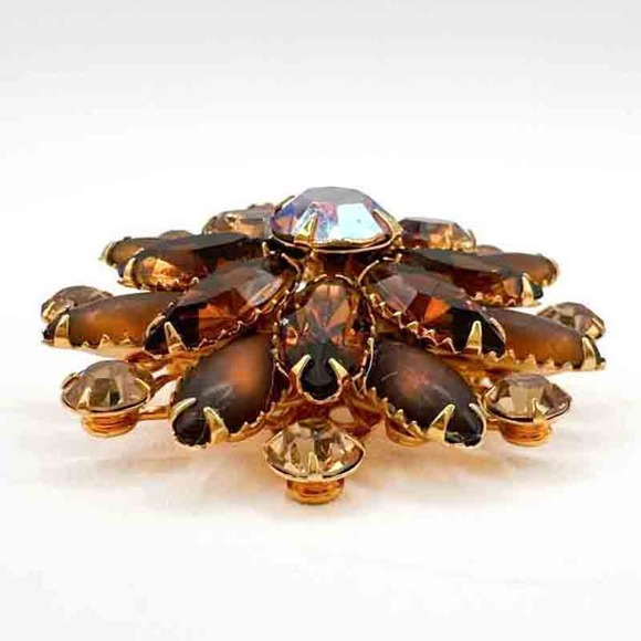 Vintage Signed Judy Lee Rhinestone Brooch Amber Aurora Borealis Star 2" c1970s - Picture 4 of 12